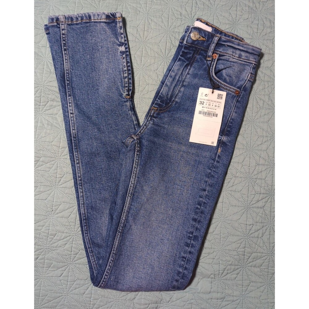 Zara Full Length Ripped High-Rise Slim Fit Jeans Sz 0 Slit Hem Leg Medium Wash